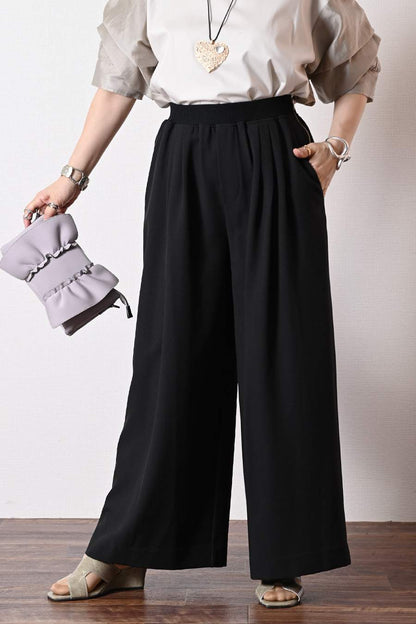 フロント丈アジャスタブルブラウス+リブウエスト・ストレッチワイドパンツ2点セットコーデ