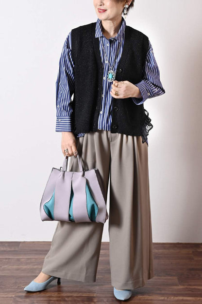 フロント丈アジャスタブルブラウス+リブウエスト・ストレッチワイドパンツ2点セットコーデ