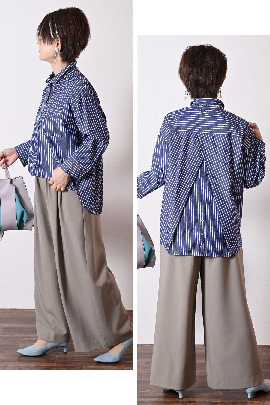 フロント丈アジャスタブルブラウス+リブウエスト・ストレッチワイドパンツ2点セットコーデ
