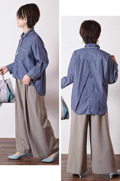 フロント丈アジャスタブルブラウス+リブウエスト・ストレッチワイドパンツ2点セットコーデ