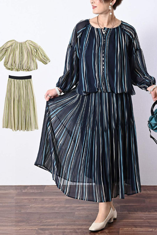 シフォンストライプブラウス＋スカート2点セットアップ