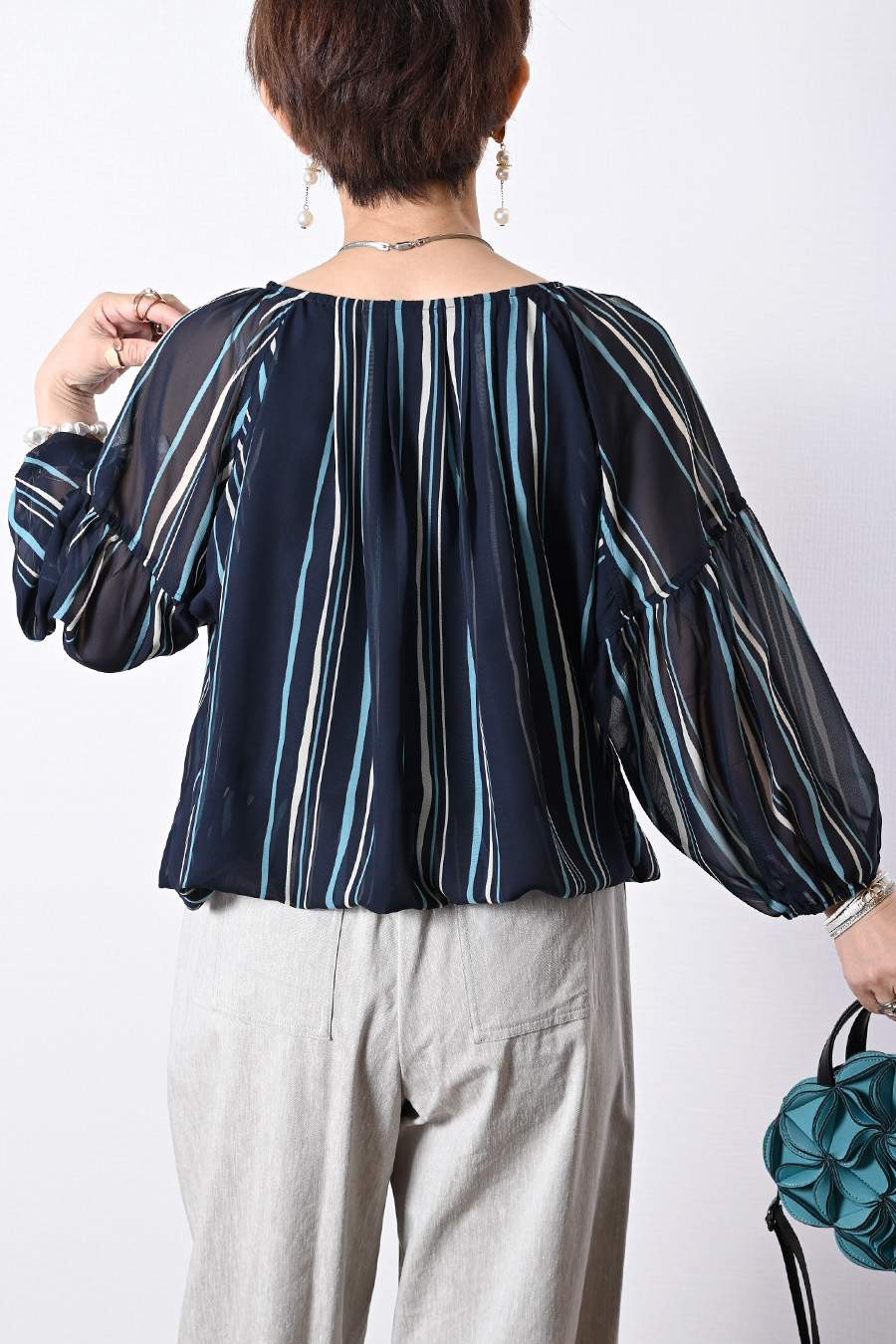 シフォンストライプブラウス＋スカート2点セットアップ