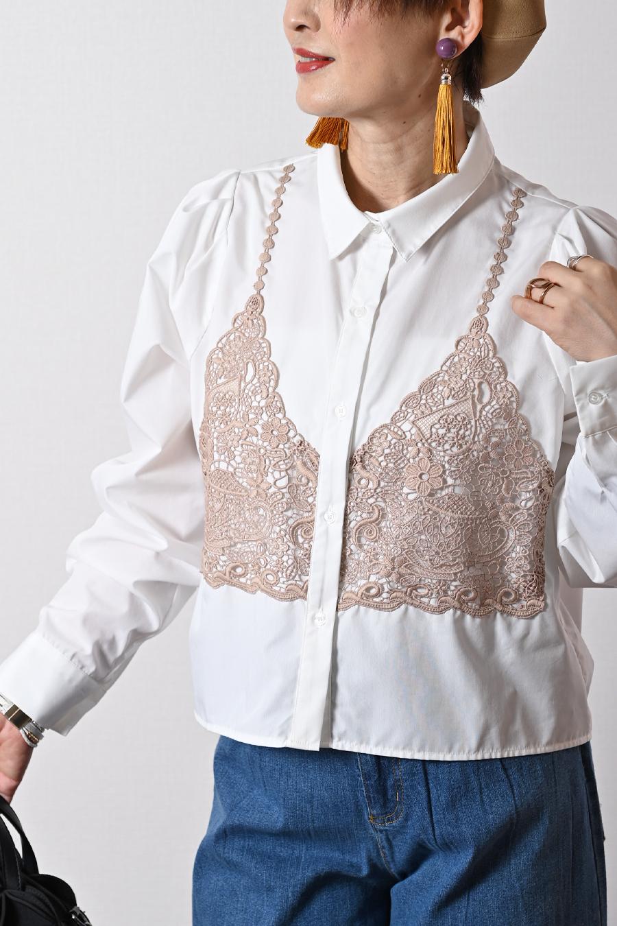 ノーアイロン！大人のビスチェ風レースブラウス