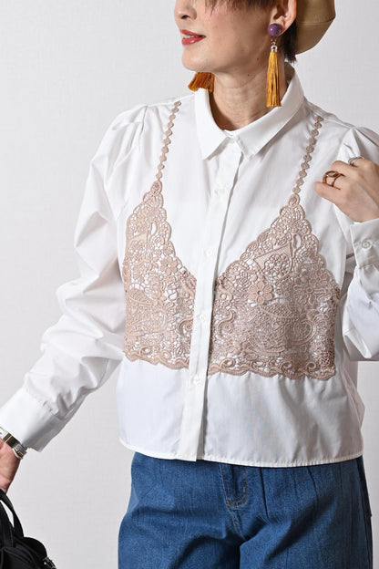 ノーアイロン！大人のビスチェ風レースブラウス