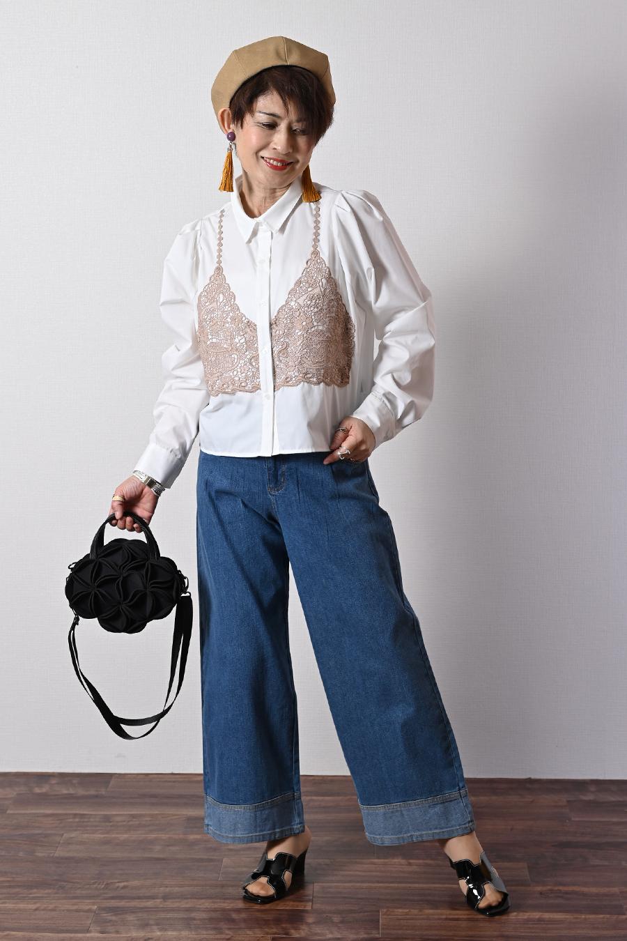 ノーアイロン！大人のビスチェ風レースブラウス