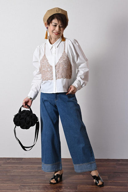 ノーアイロン！大人のビスチェ風レースブラウス