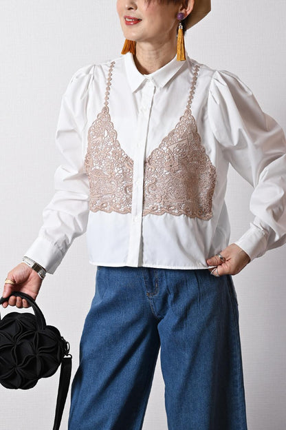 ノーアイロン！大人のビスチェ風レースブラウス