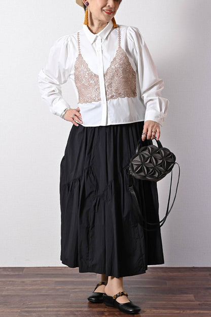 大人のビスチェ風レースブラウス+超軽量タフタ フレアスカート ２点セットコーデ