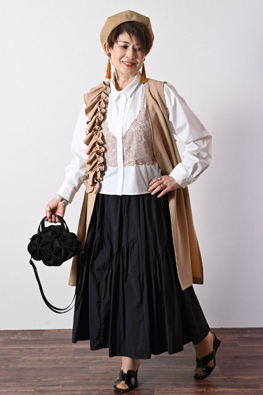 大人のビスチェ風レースブラウス+超軽量タフタ フレアスカート ２点セットコーデ