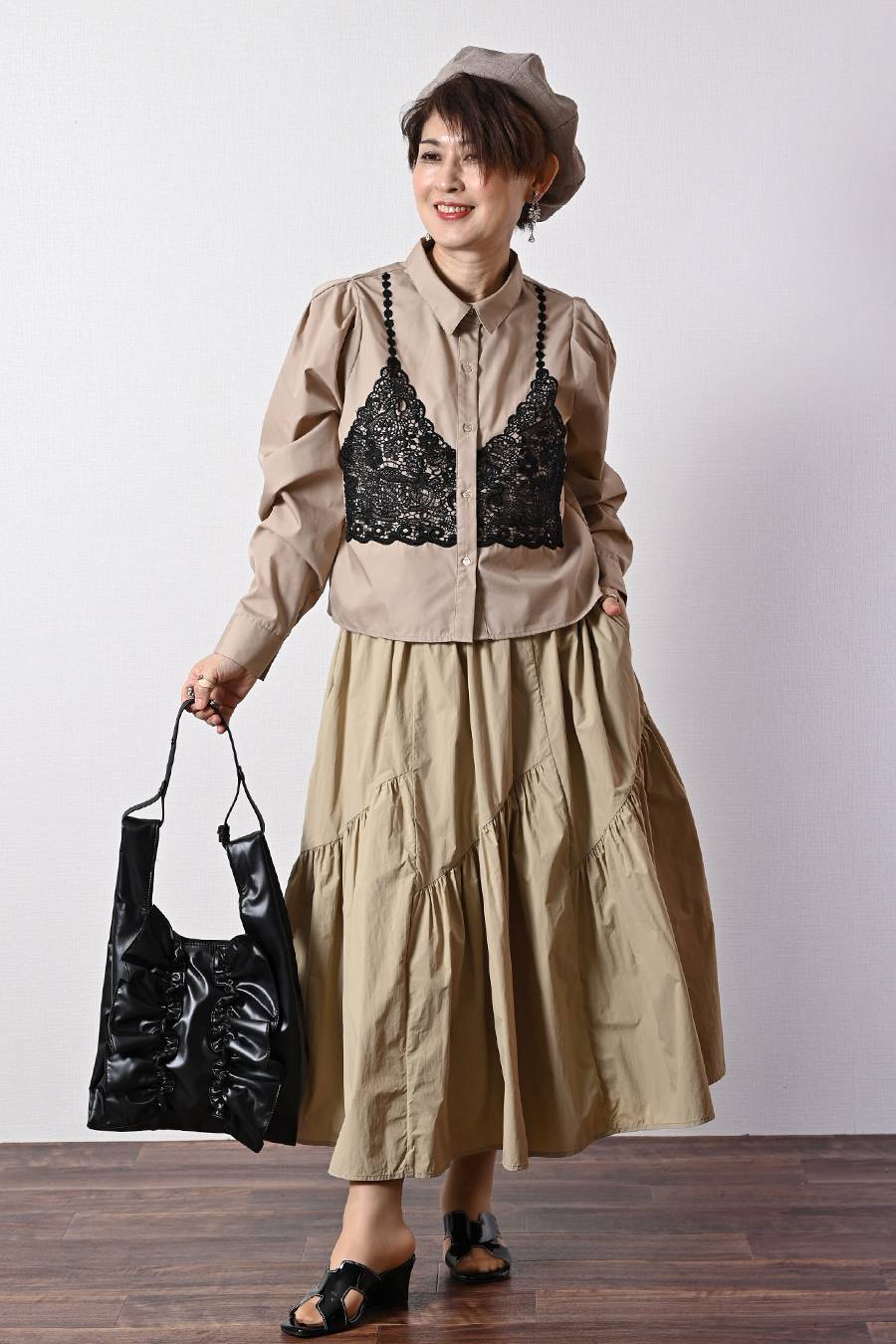 大人のビスチェ風レースブラウス+超軽量タフタ フレアスカート ２点セットコーデ