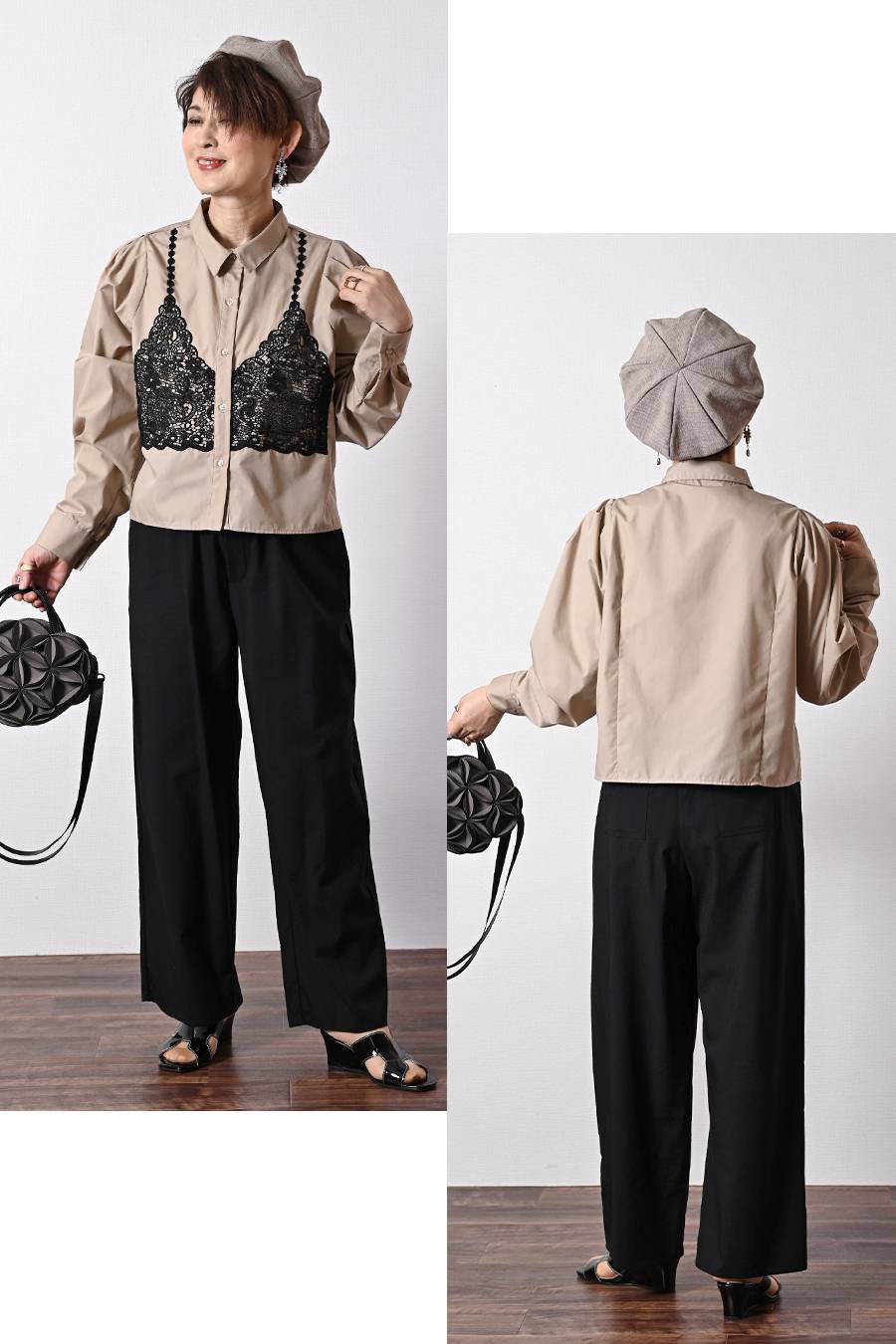 大人のビスチェ風レースブラウス+超軽量タフタ フレアスカート ２点セットコーデ