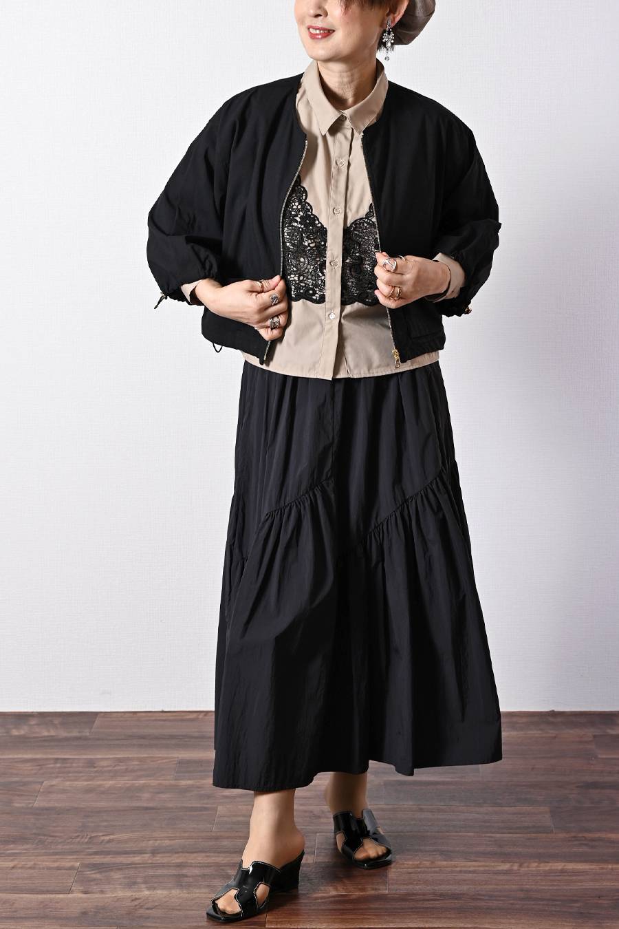 大人のビスチェ風レースブラウス+超軽量タフタ フレアスカート ２点セットコーデ