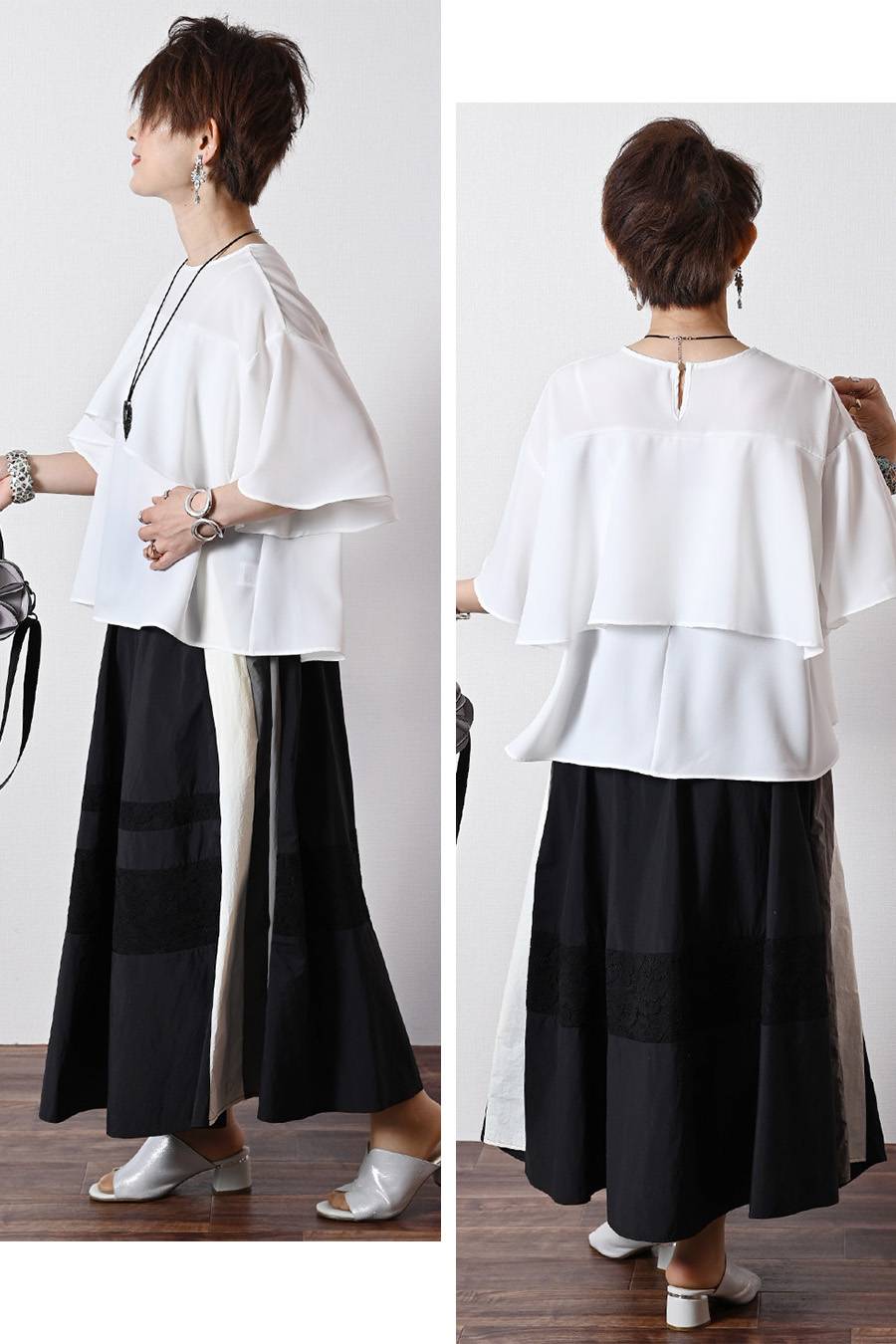 圧倒的な着映え！大人の立体フリルジョーゼットブラウス