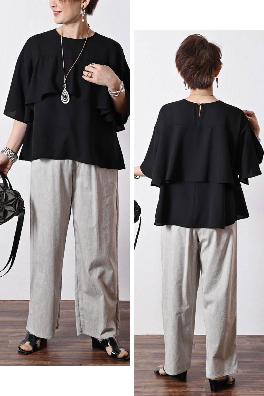 圧倒的な着映え！大人の立体フリルジョーゼットブラウス