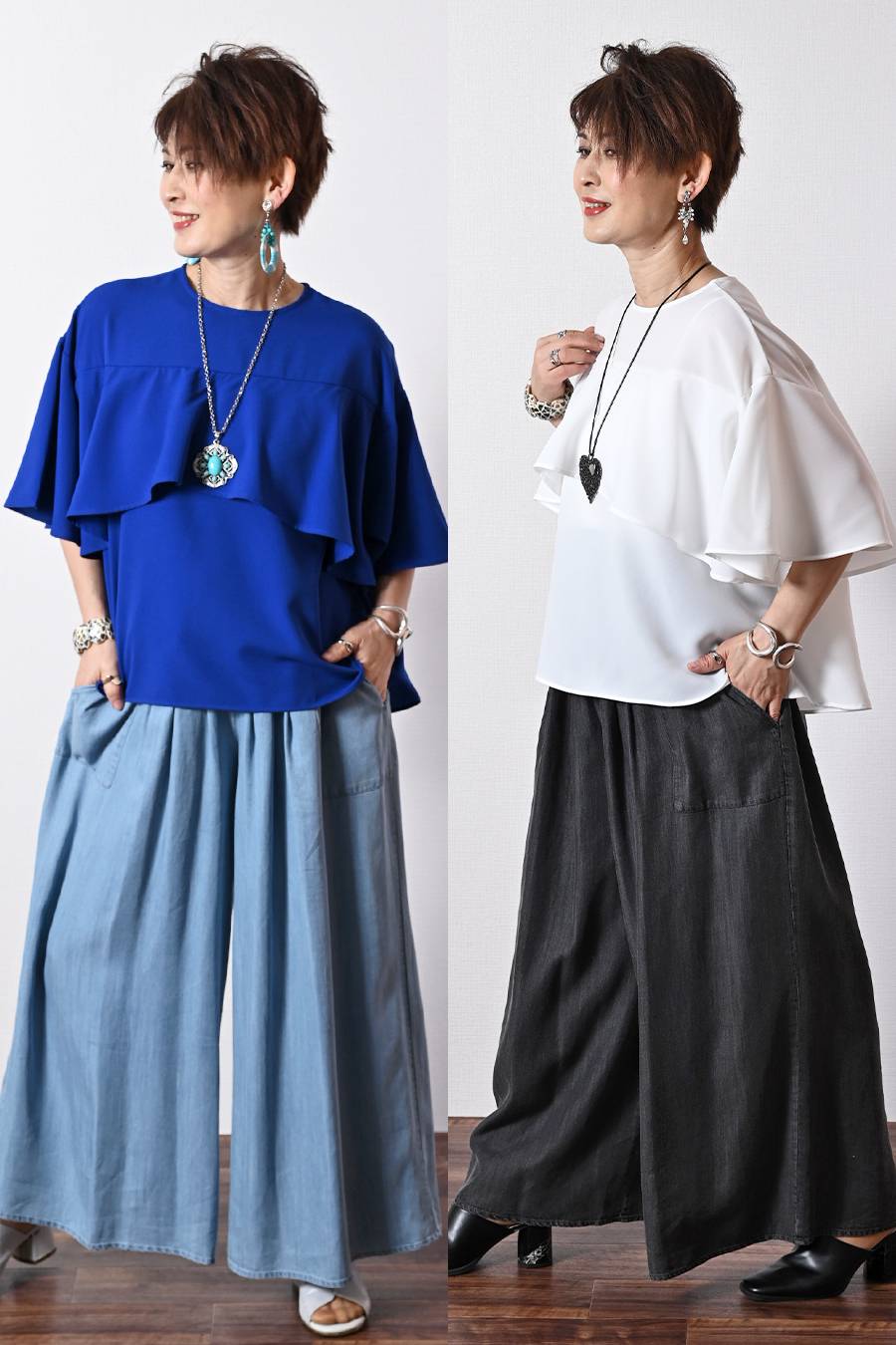 フリルジョーゼットブラウス+タックワイドデニムパンツ２点セットコーデ