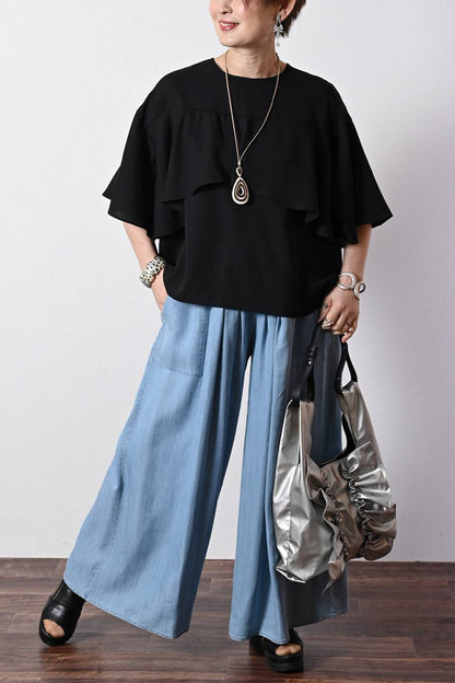 フリルジョーゼットブラウス+タックワイドデニムパンツ２点セットコーデ