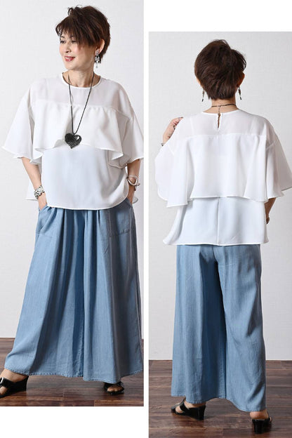 フリルジョーゼットブラウス+タックワイドデニムパンツ２点セットコーデ