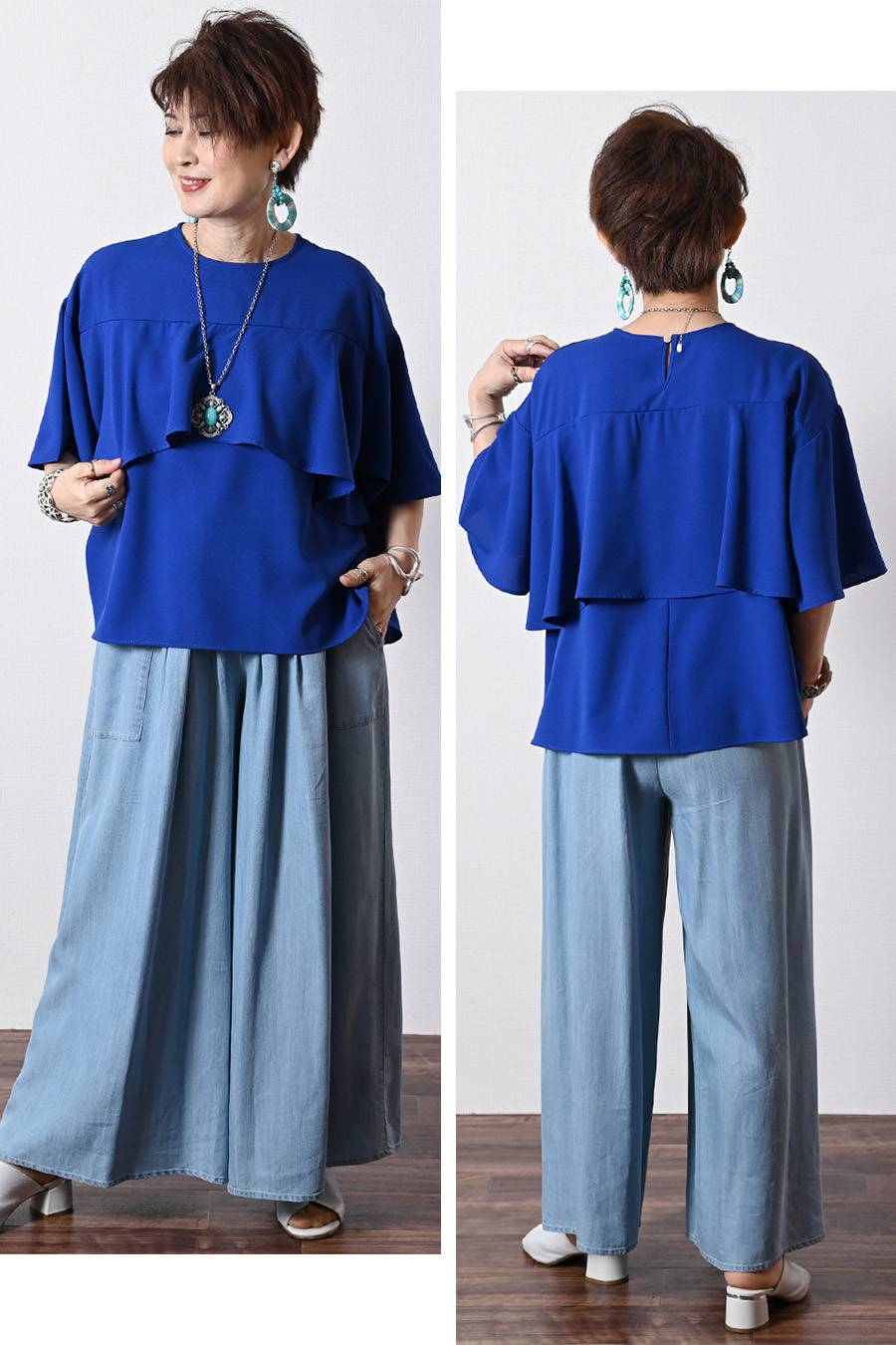 フリルジョーゼットブラウス+タックワイドデニムパンツ２点セットコーデ