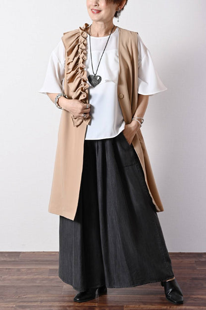 フリルジョーゼットブラウス+タックワイドデニムパンツ２点セットコーデ