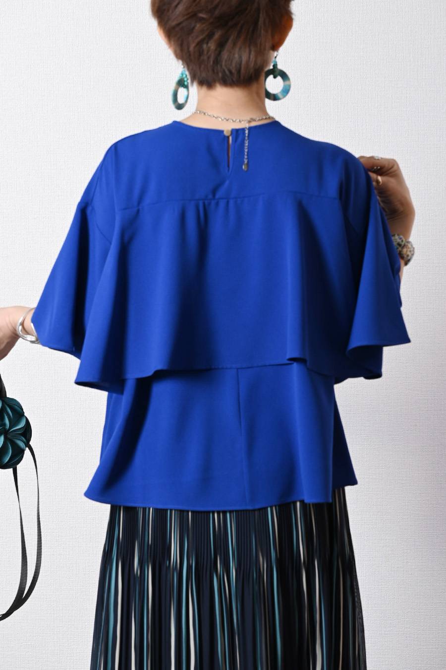 フリルジョーゼットブラウス+タックワイドデニムパンツ２点セットコーデ