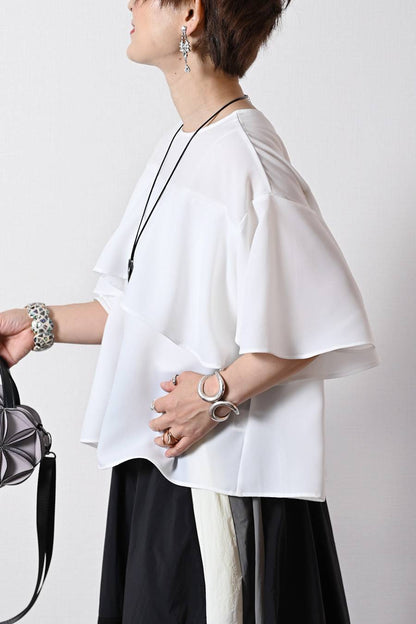 フリルジョーゼットブラウス+タックワイドデニムパンツ２点セットコーデ