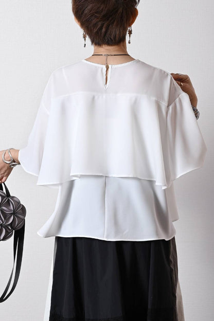 フリルジョーゼットブラウス+タックワイドデニムパンツ２点セットコーデ