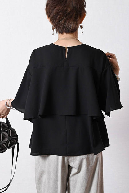 フリルジョーゼットブラウス+タックワイドデニムパンツ２点セットコーデ