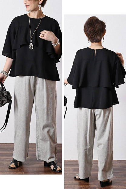 フリルジョーゼットブラウス+タックワイドデニムパンツ２点セットコーデ