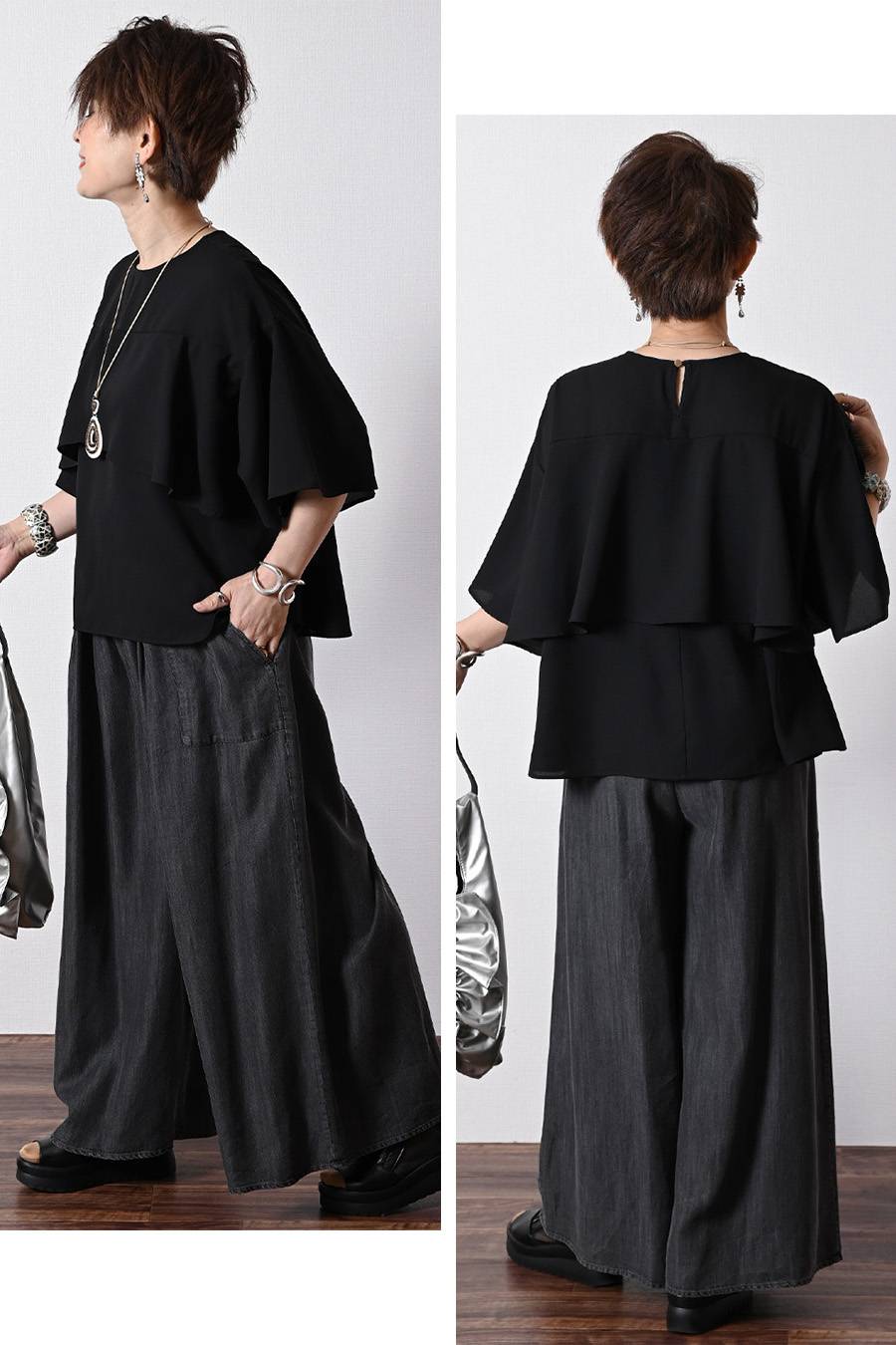 フリルジョーゼットブラウス+タックワイドデニムパンツ２点セットコーデ