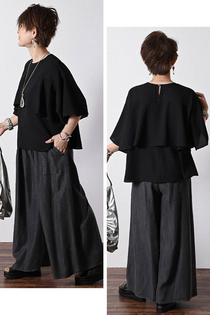 フリルジョーゼットブラウス+タックワイドデニムパンツ２点セットコーデ