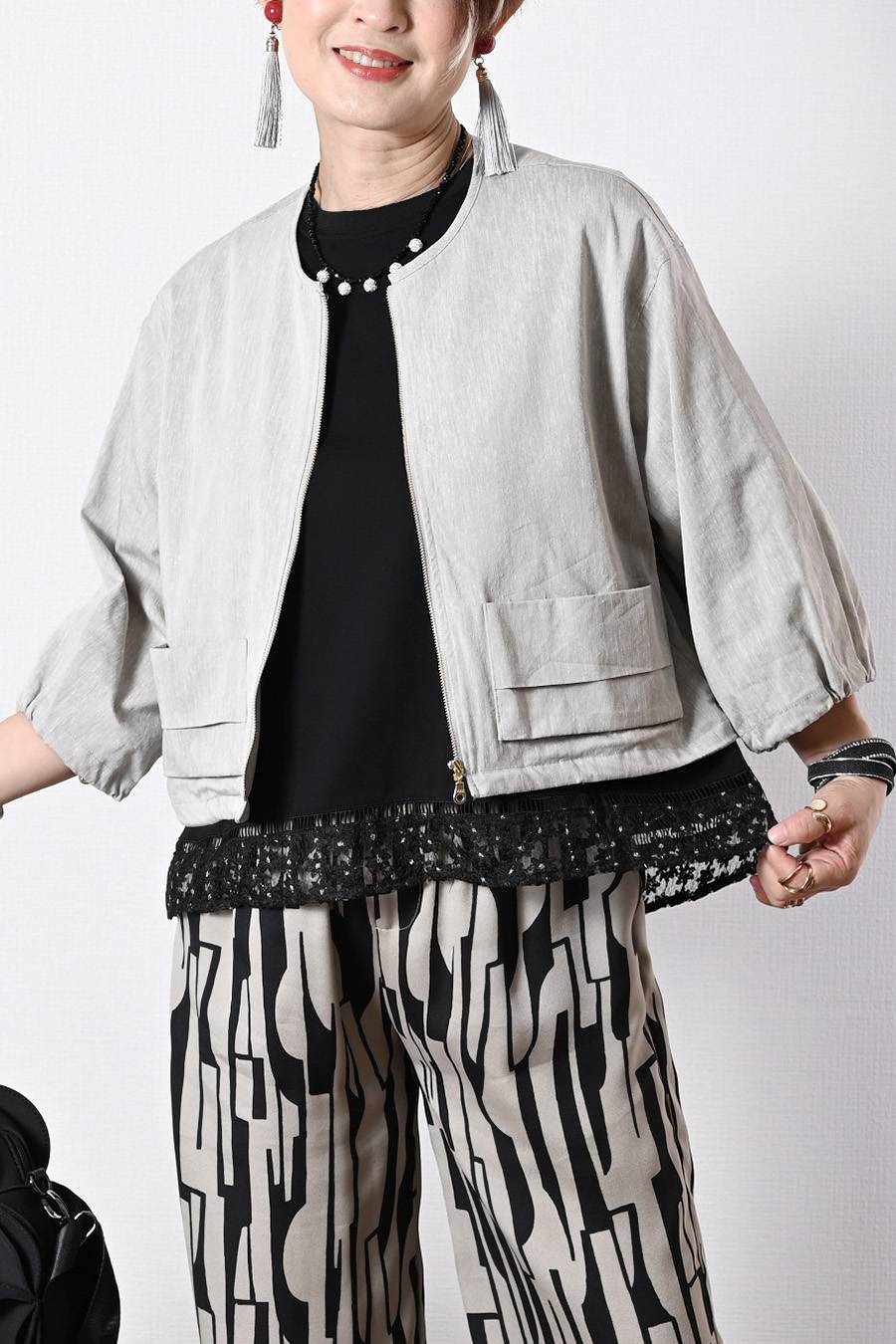 麻混ストレッチ ラウンドネック ジップアップブルゾン