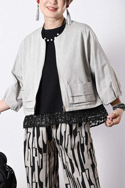 麻混ストレッチ ラウンドネック ジップアップブルゾン