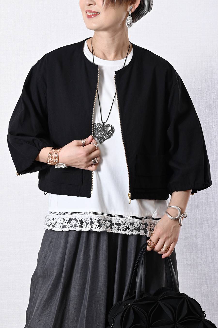 麻混ストレッチ ラウンドネック ジップアップブルゾン