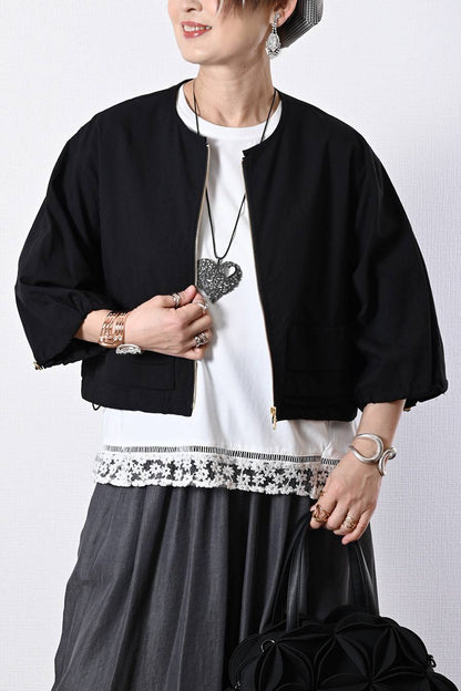 麻混ストレッチ ラウンドネック ジップアップブルゾン