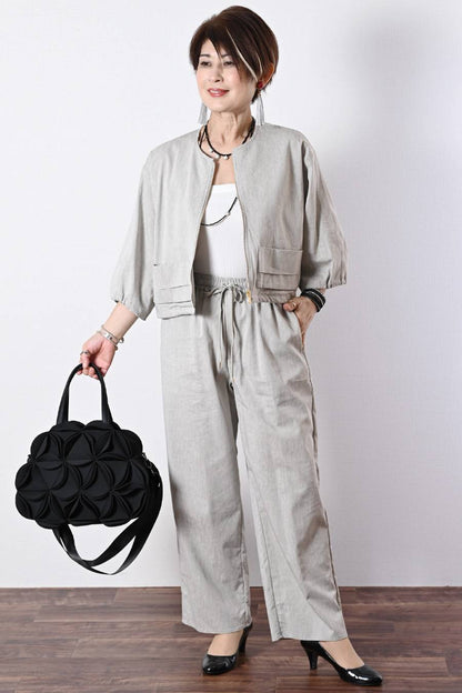 麻混ストレッチ ラウンドネック ジップアップブルゾン