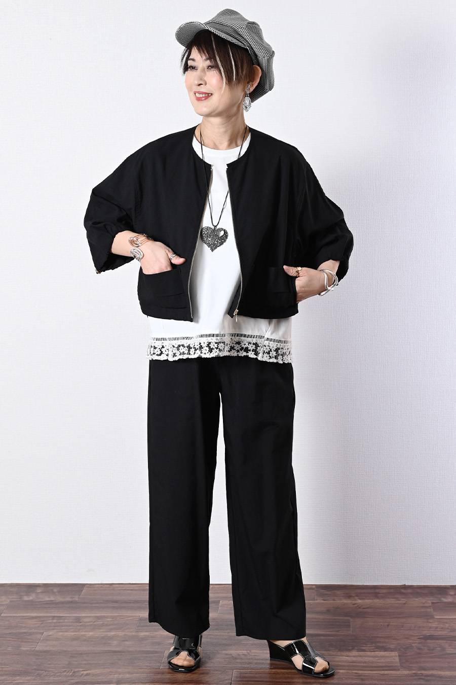 麻混ストレッチ ラウンドネック ジップアップブルゾン