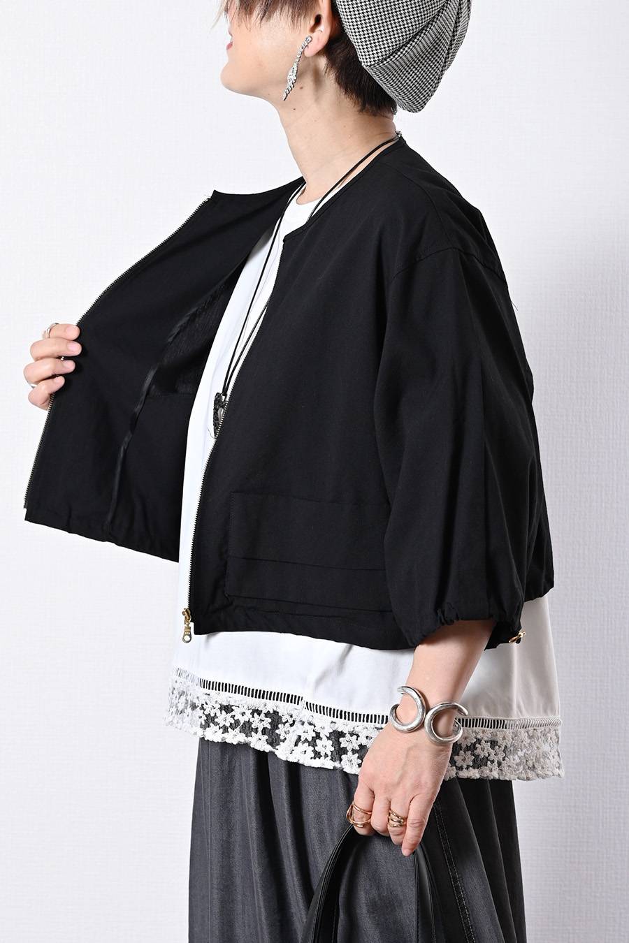 麻混ストレッチ ラウンドネック ジップアップブルゾン