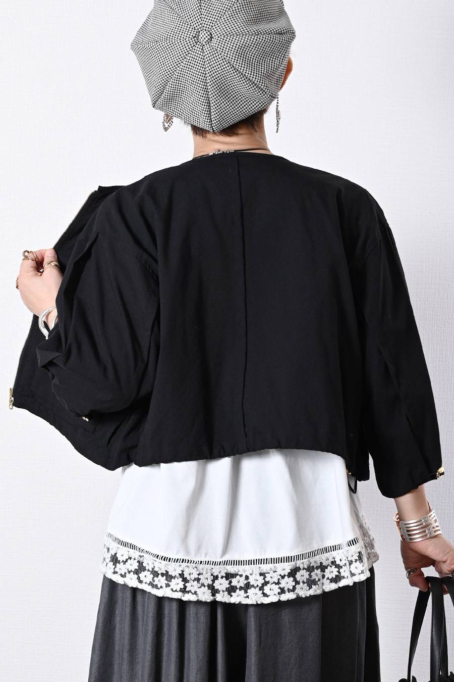 麻混ストレッチ ラウンドネック ジップアップブルゾン