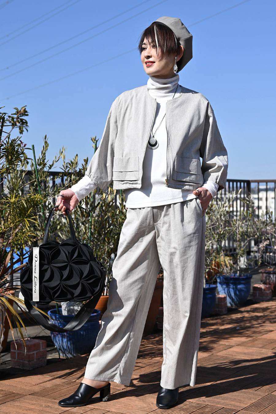 麻混ストレッチ ラウンドネック ジップアップブルゾン