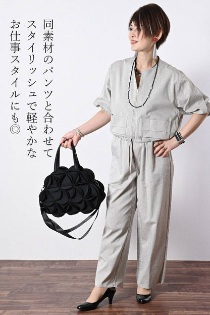 麻混ストレッチ ラウンドネック ジップアップブルゾン