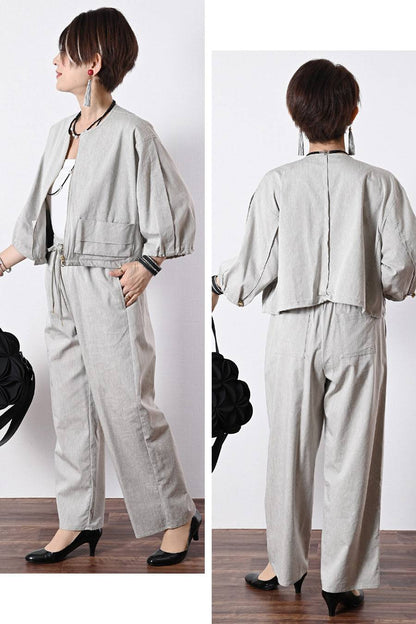 麻混ストレッチ ラウンドネック ジップアップブルゾン