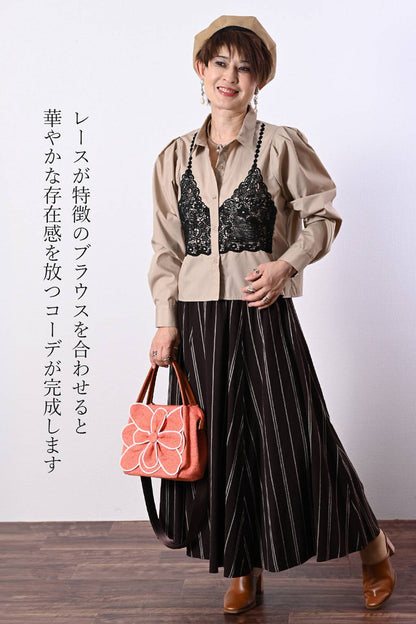 品の良さが溢れ出す！先染めストライプ麻混フレアスカート