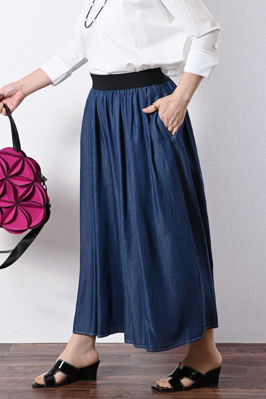 柔らかゆったりスカート見え！セルロースデニム 超ワイドパンツ