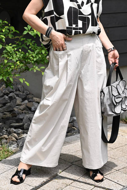 コットンリネン混 タックセミワイドストレッチパンツ