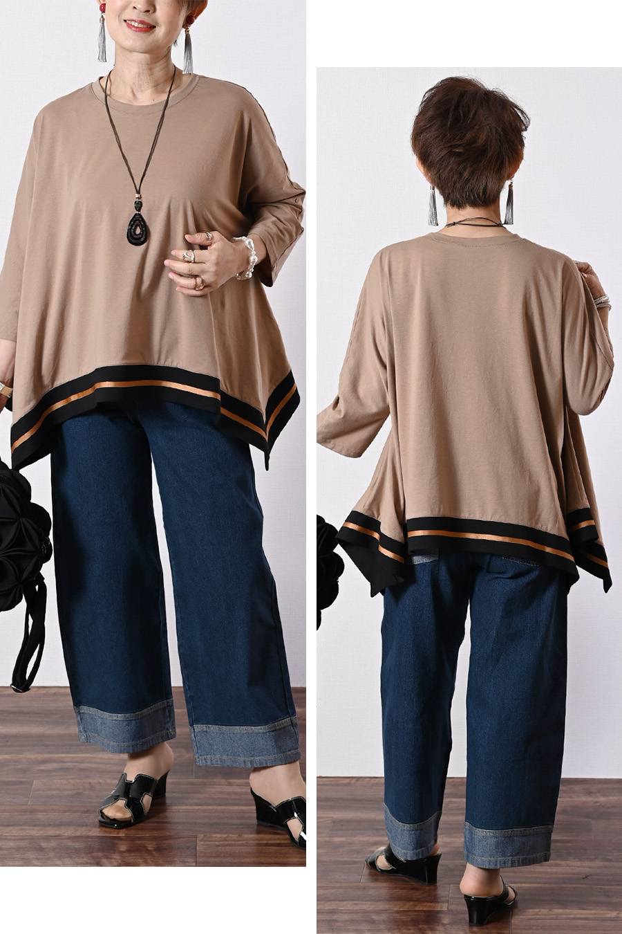 ゆったりなのにスッキリ！配色ライン入り ドルマンワイドプルオーバー