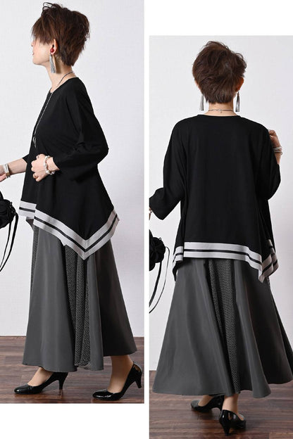 ゆったりなのにスッキリ！配色ライン入り ドルマンワイドプルオーバー