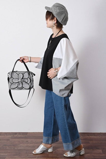 洗練の異素材コンビ！薄軽ストライプ生地レイヤード風プルオーバー