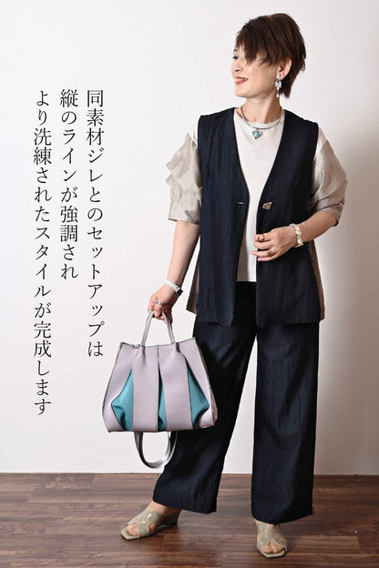 異素材コンビ ギャザーバックジレ+イージーワイド ストレートパンツ2点セットコーデ