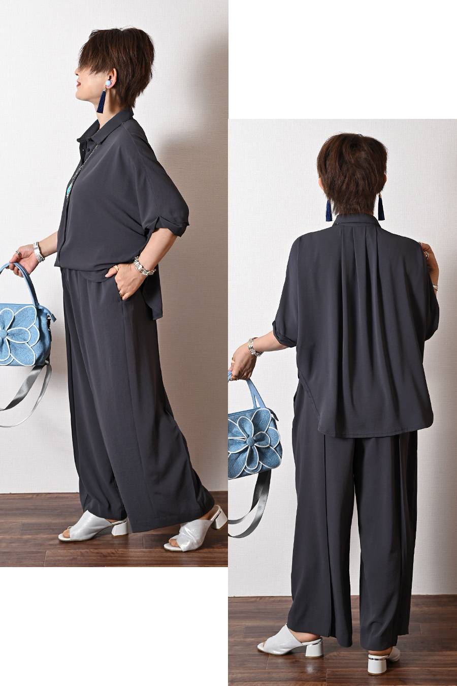 ストレッチワッシャー タックアップブラウス+永久センタープレスワイドパンツ２点セットアップ
