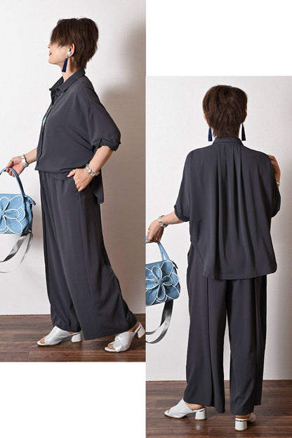 ストレッチワッシャー タックアップブラウス+永久センタープレスワイドパンツ２点セットアップ